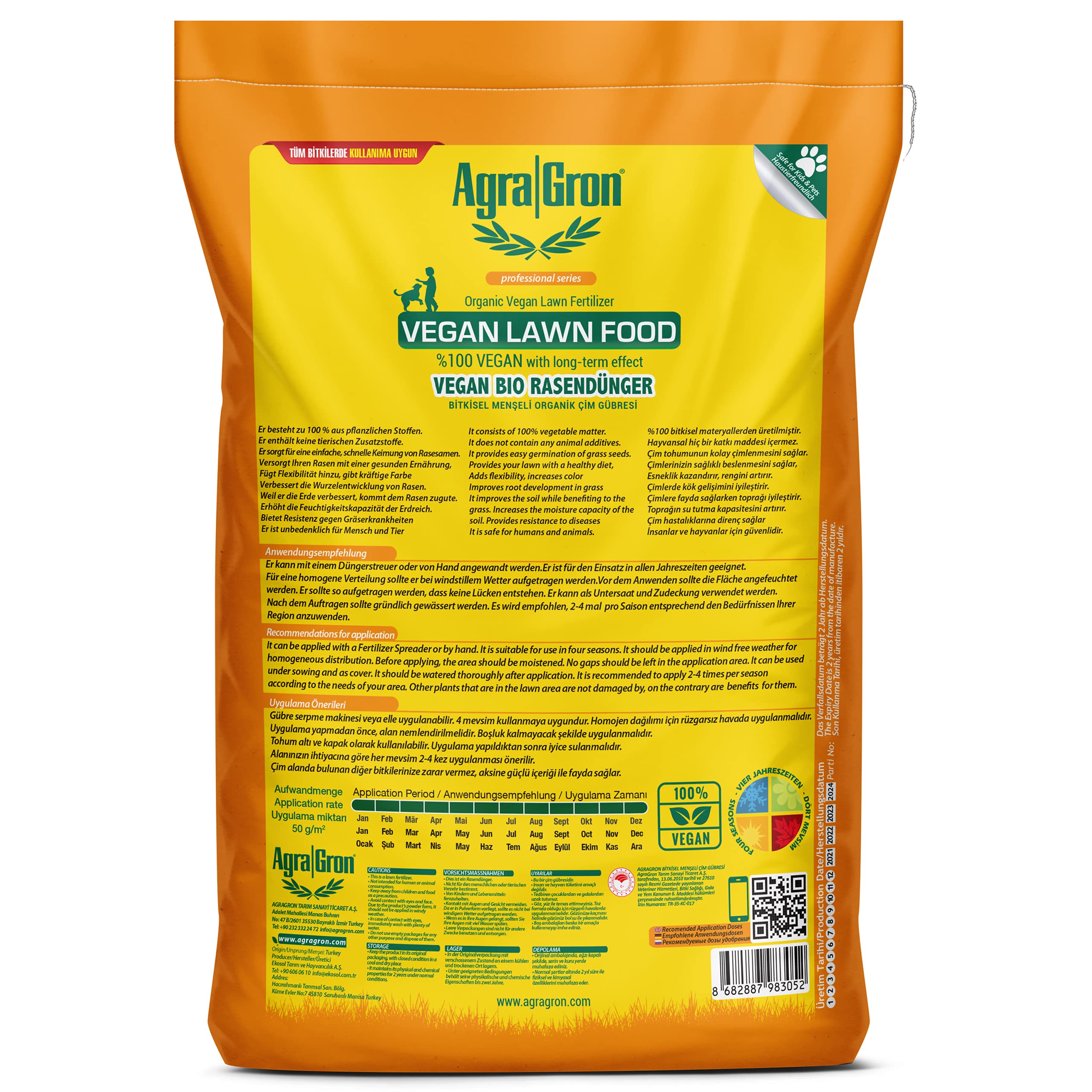 AgraGron Çim Gübresi 20 kg Vegan Lawn Food%100 Bitkisel Menşeli Çim Gübresi/Doğal Çim Coşturan Gübre