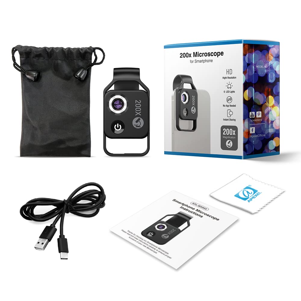 Evil eye 200X Telefon Mini Cep Mikroskopu LED Işık/Evrensel Klip, Nano Zoom Taşınabilir Dijital Mikroskop Kamera Ekleri 99% Akıllı Telefon, Çocuklar Yetişkinler için Microworld (CPL ile Siyah 200X)
