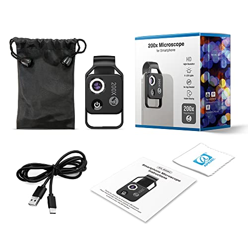Evil eye 200X Telefon Mini Cep Mikroskopu LED Işık/Evrensel Klip, Nano Zoom Taşınabilir Dijital Mikroskop Kamera Ekleri 99% Akıllı Telefon, Çocuklar Yetişkinler için Microworld (CPL ile Siyah 200X)