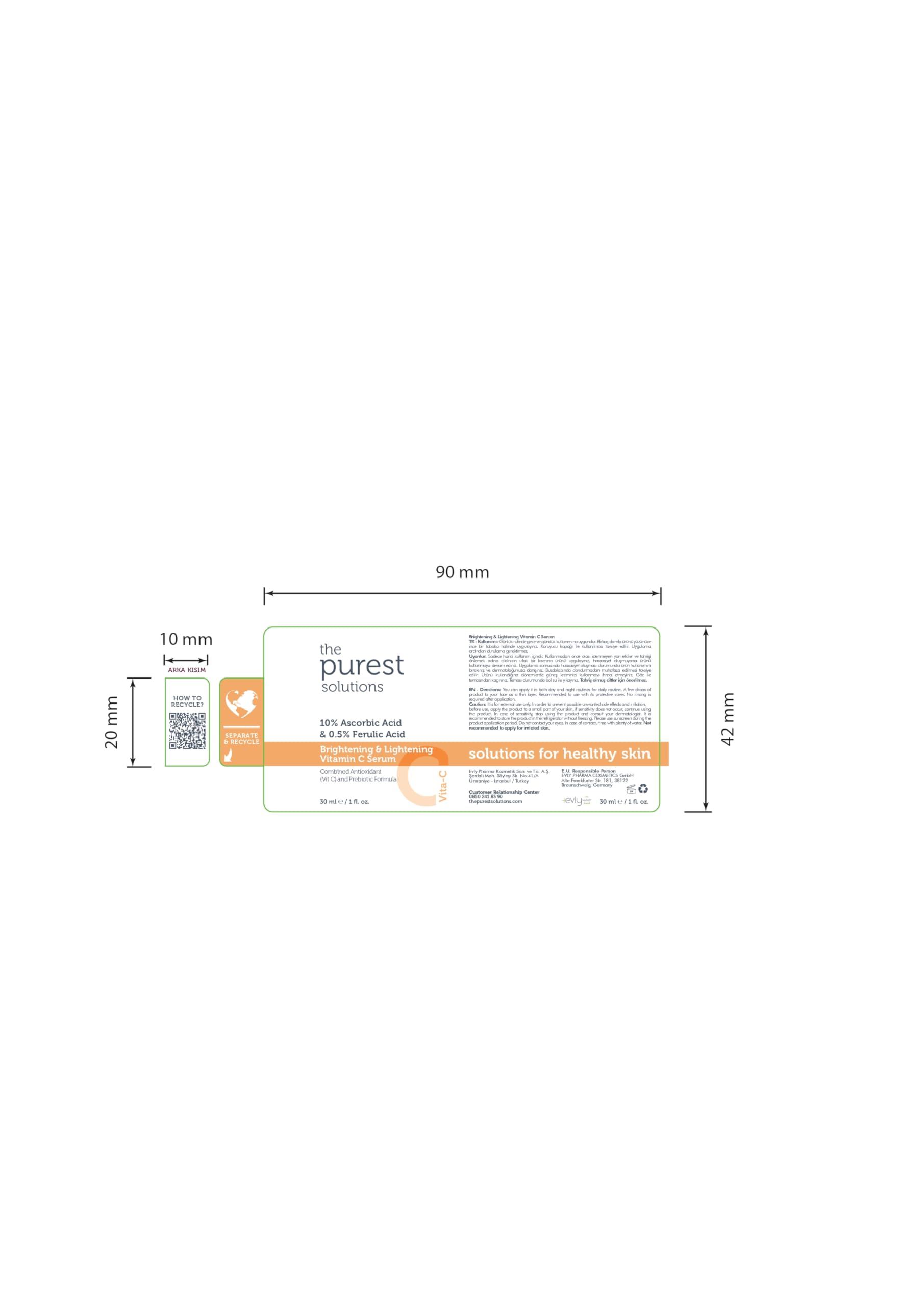 The Purest Solutions, C Vitamini Aydınlatıcı ve Cilt tonu Eşitleyici Cilt Bakım Serumu 30 ml (%10 As