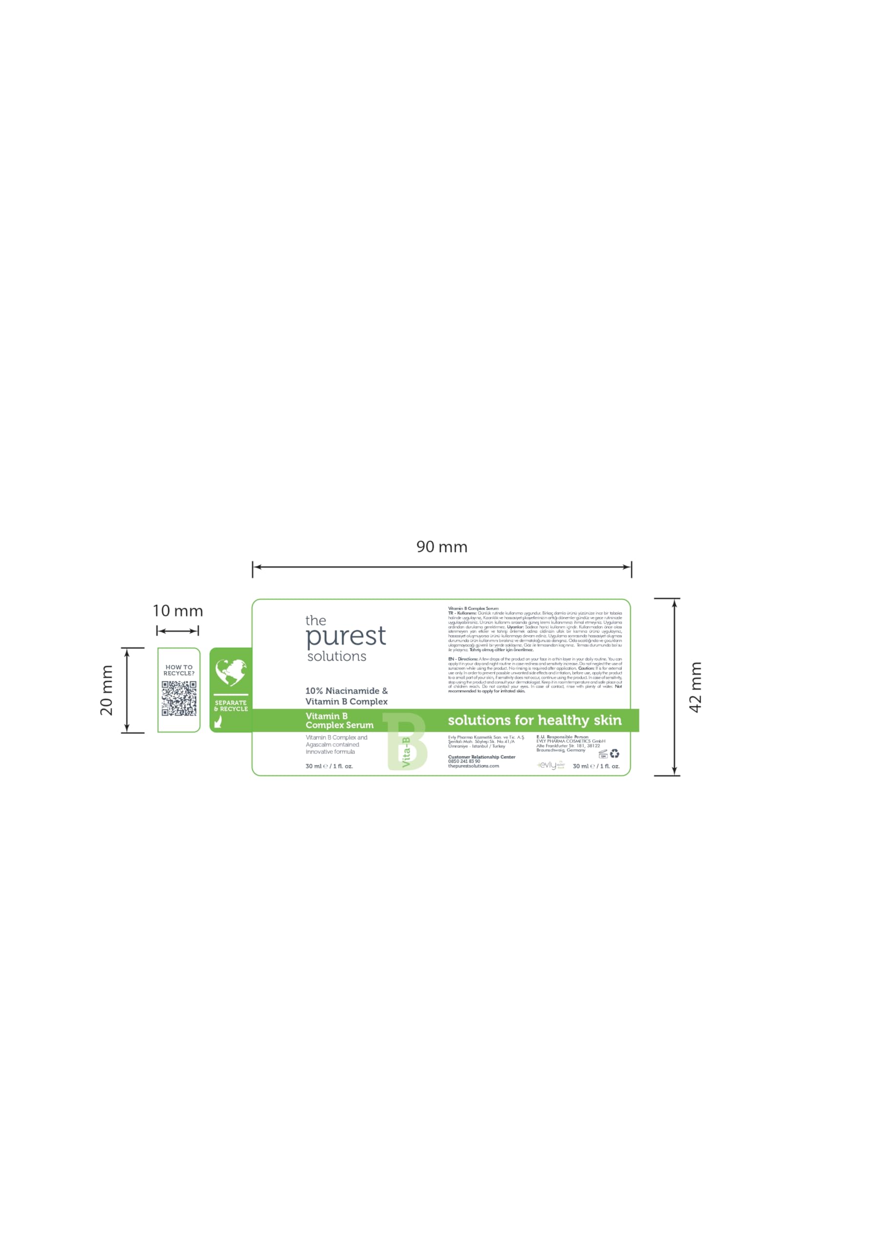 The Purest Solutions, Bariyer Güçlendirici ve Yatıştırıcı B Vitamini Cilt Bakım Serumu 30 ml (%10 Niacinamide + Provitamin B5)