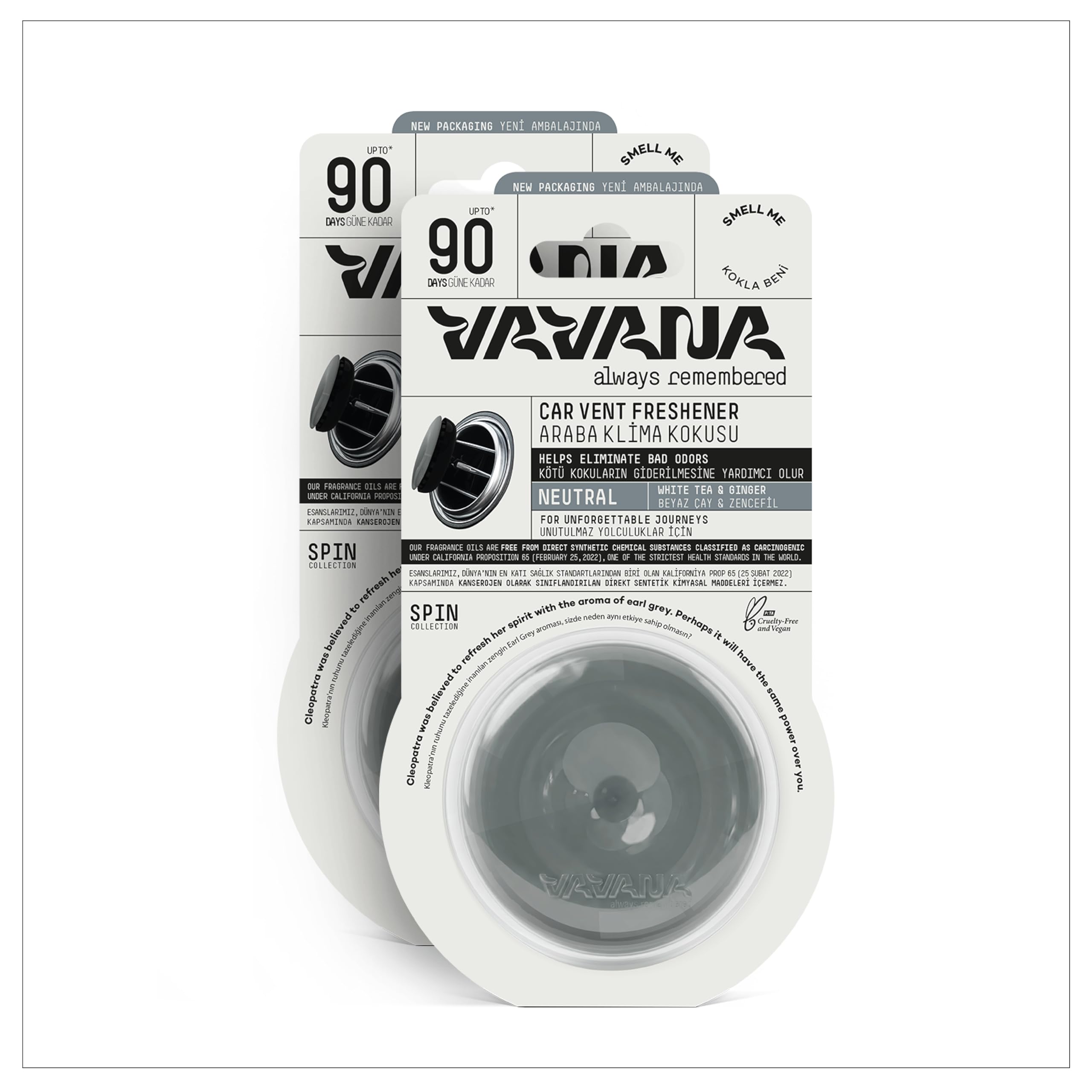 VAVANA Spin Araba Klima Kokusu - Profesyonel Otomobil Kokusu | BPA & Sıvı İçermez | 90 Gün Etkili - 2'li Set (NEUTRAL)