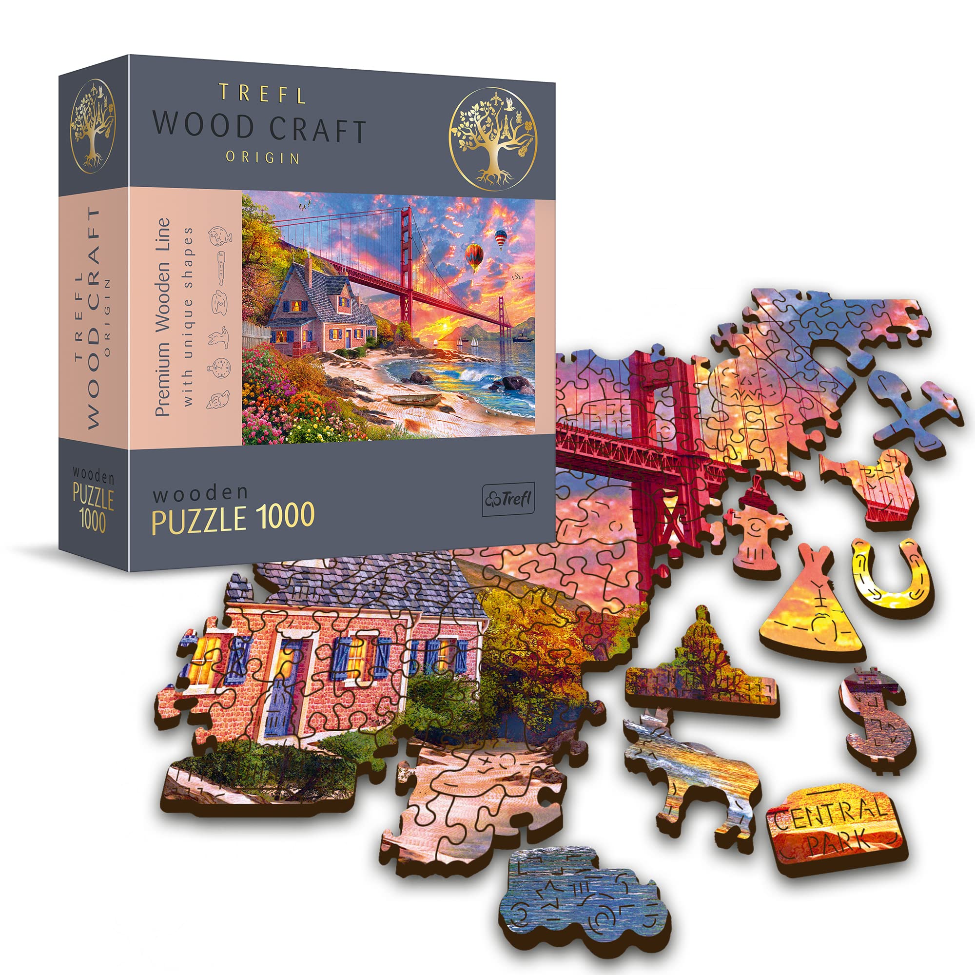 Trefl - Ahşap Puzzle, Golden Gate Üzerinde Gün Batımı - 1000 Parça, Ahşap El İşi, Düzensiz Şekiller, 100 Amerikan Anıtı ve Sembolü Figürü, Premium Bulmaca, Yetişkinlere Yönelik Ahşap Yapboz