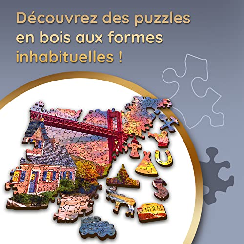 Trefl - Ahşap Puzzle, Golden Gate Üzerinde Gün Batımı - 1000 Parça, Ahşap El İşi, Düzensiz Şekiller, 100 Amerikan Anıtı ve Sembolü Figürü, Premium Bulmaca, Yetişkinlere Yönelik Ahşap Yapboz