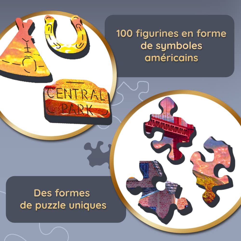 Trefl - Ahşap Puzzle, Golden Gate Üzerinde Gün Batımı - 1000 Parça, Ahşap El İşi, Düzensiz Şekiller, 100 Amerikan Anıtı ve Sembolü Figürü, Premium Bulmaca, Yetişkinlere Yönelik Ahşap Yapboz