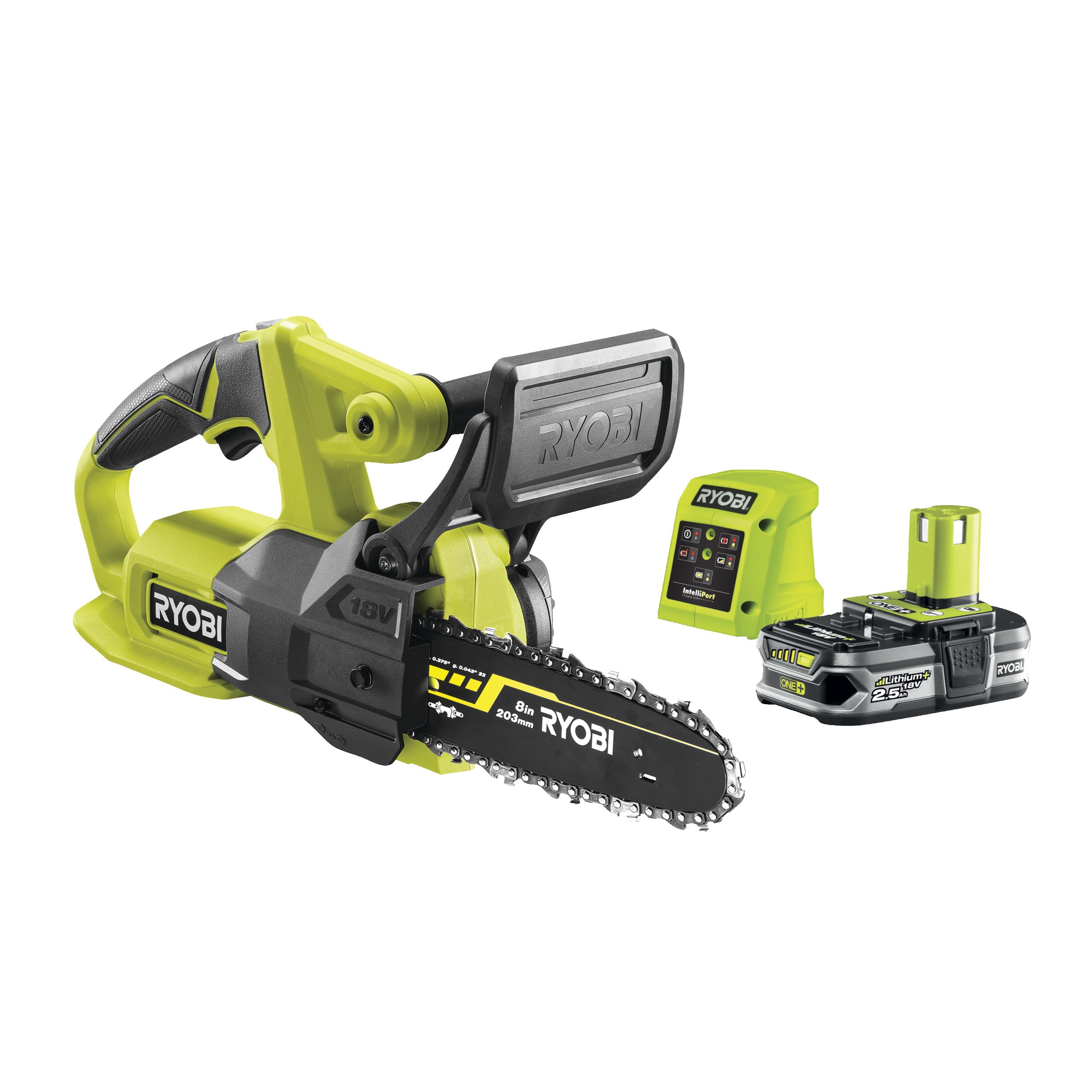RYOBI 18 V ONE+ akülü zincirli testere RY18CS20A-125 (bıçak uzunluğu 20 cm, 1 x 2,5 Ah pil ve şarj cihazı kartonda)