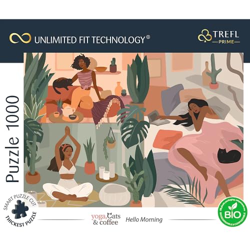 Trefl 10694 1000 Element En Kalın Karton Organik ECO Kediler Kahve Rahatlama Eğlence Yetişkinler ve Çocuklar için Eğlence 12+ Bulmaca Yoga, Kediler ve Kahve: Merhaba Sabah