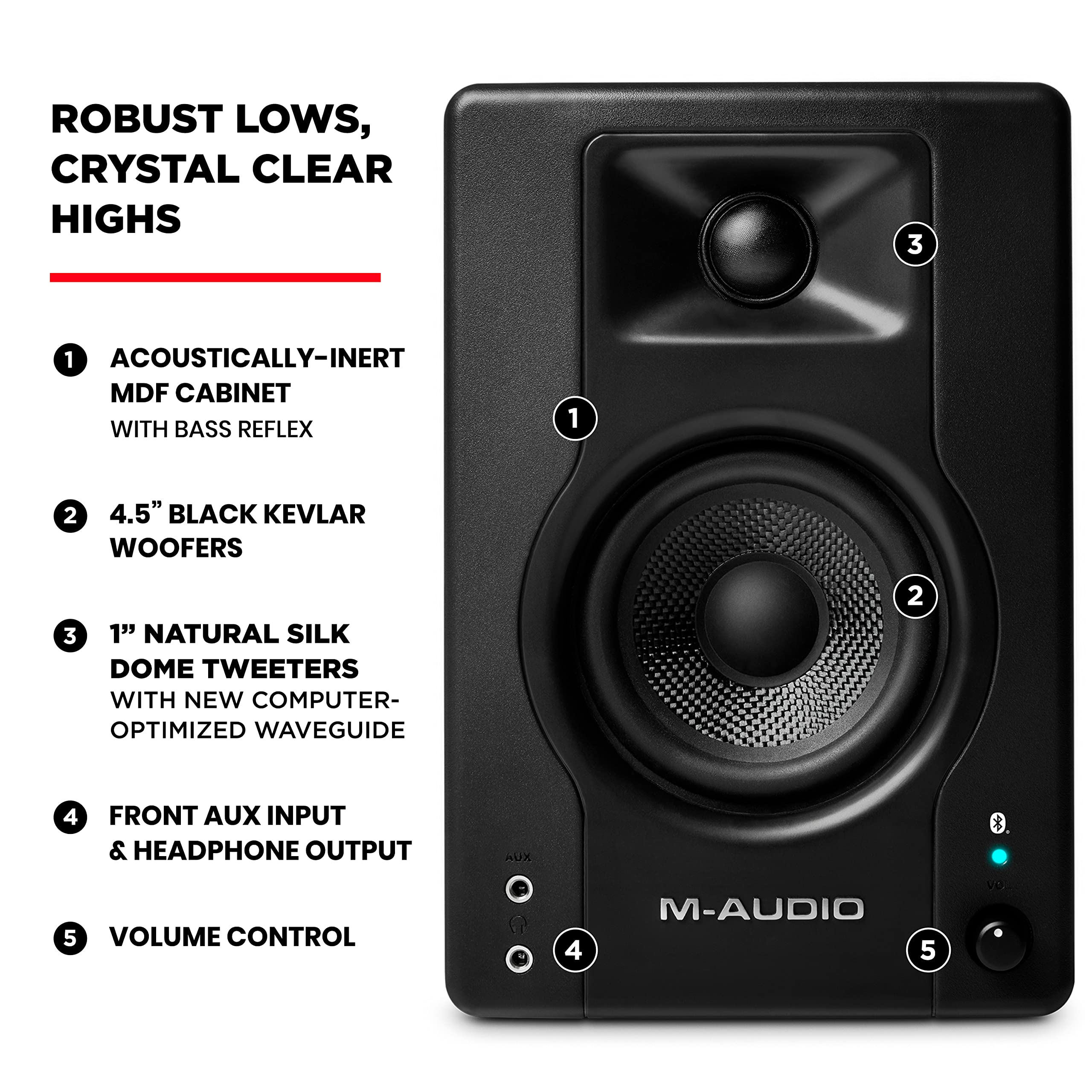 M-AUDIO BX4BT - 4.5’’ Stüdyo Monitörleri ve Bilgisayar Hoparlörleri, Bluetooth'lu, Müzik Prodüksiyon Yazılımı ile Kayıt ve Multimedya için, 120W, Çift, Siyah