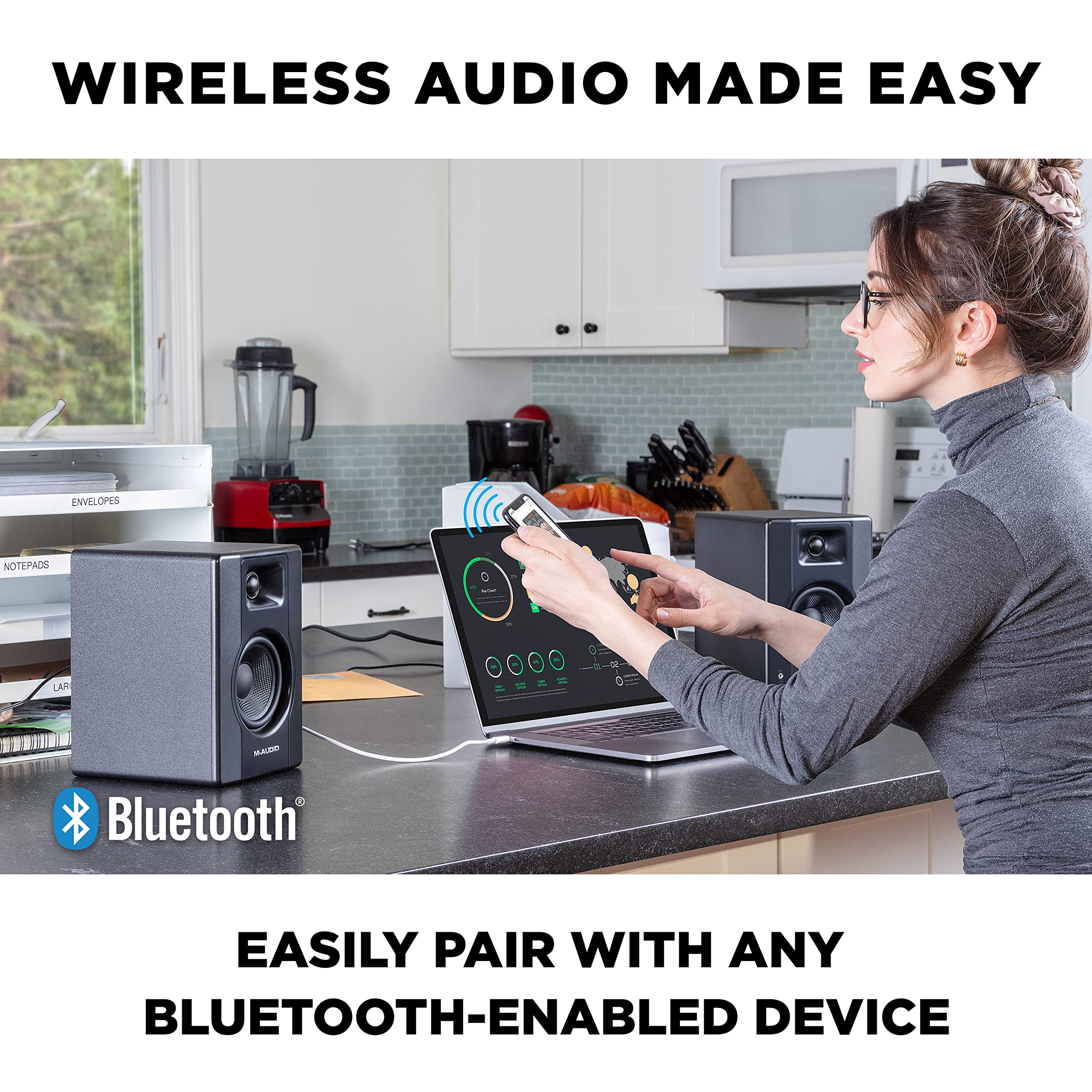 M-AUDIO BX4BT - 4.5’’ Stüdyo Monitörleri ve Bilgisayar Hoparlörleri, Bluetooth'lu, Müzik Prodüksiyon Yazılımı ile Kayıt ve Multimedya için, 120W, Çift, Siyah