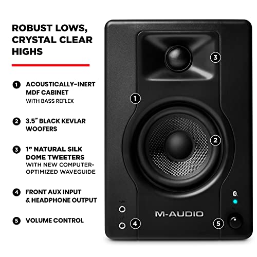M-AUDIO BX3BT - 3.5" Stüdyo Monitörleri ve Bilgisayar Hoparlörleri, Bluetooth'lu, Müzik Prodüksiyon Yazılımı ile Kayıt ve Multimedya için, 120W, Çift, Siyah