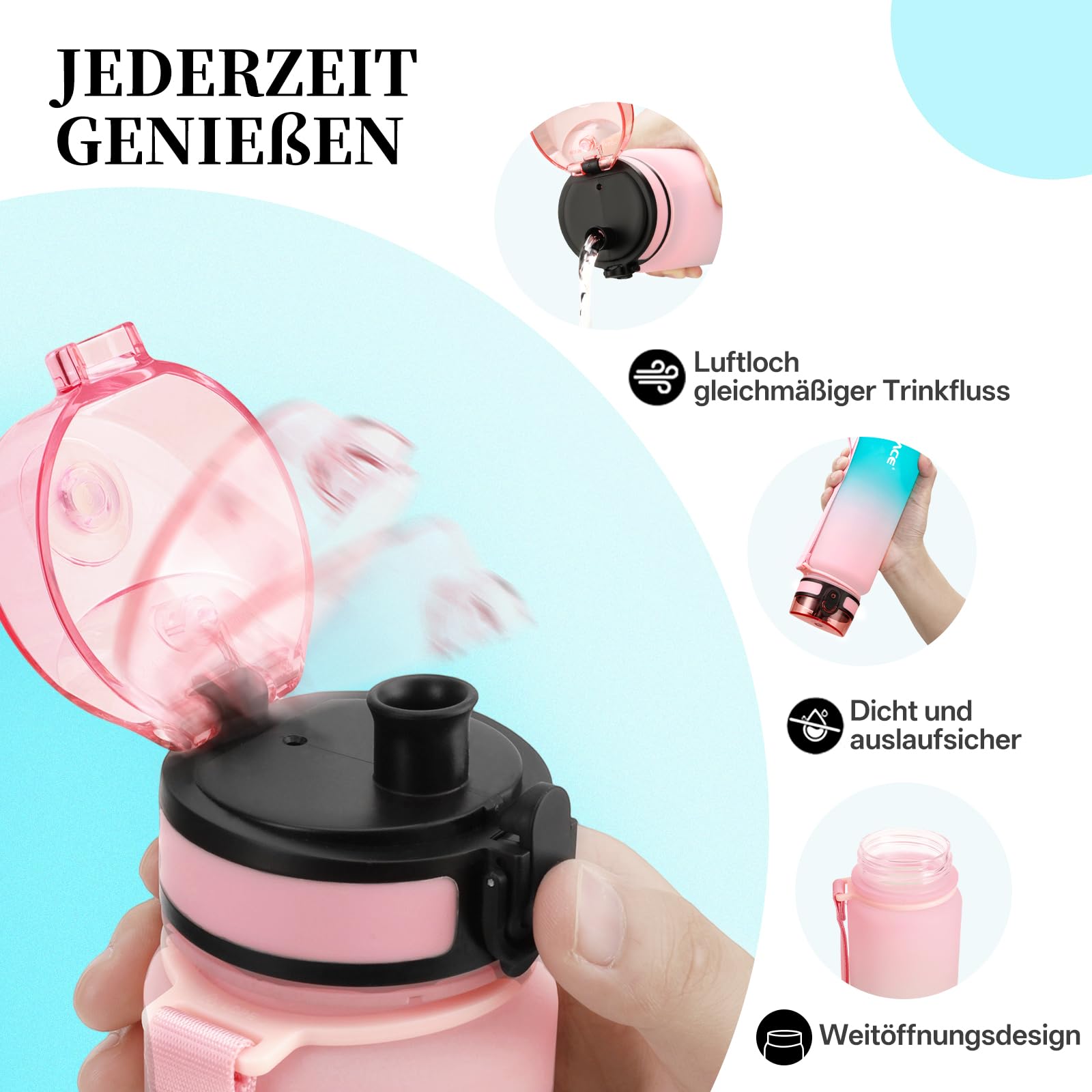 UZSPACE 1,5 L spor su şişesi, BPA içermez, büyük su şişesi 1500 ml, sızdırmaz su şişesi, spor, bisiklet ve açık hava etkinlikleri için