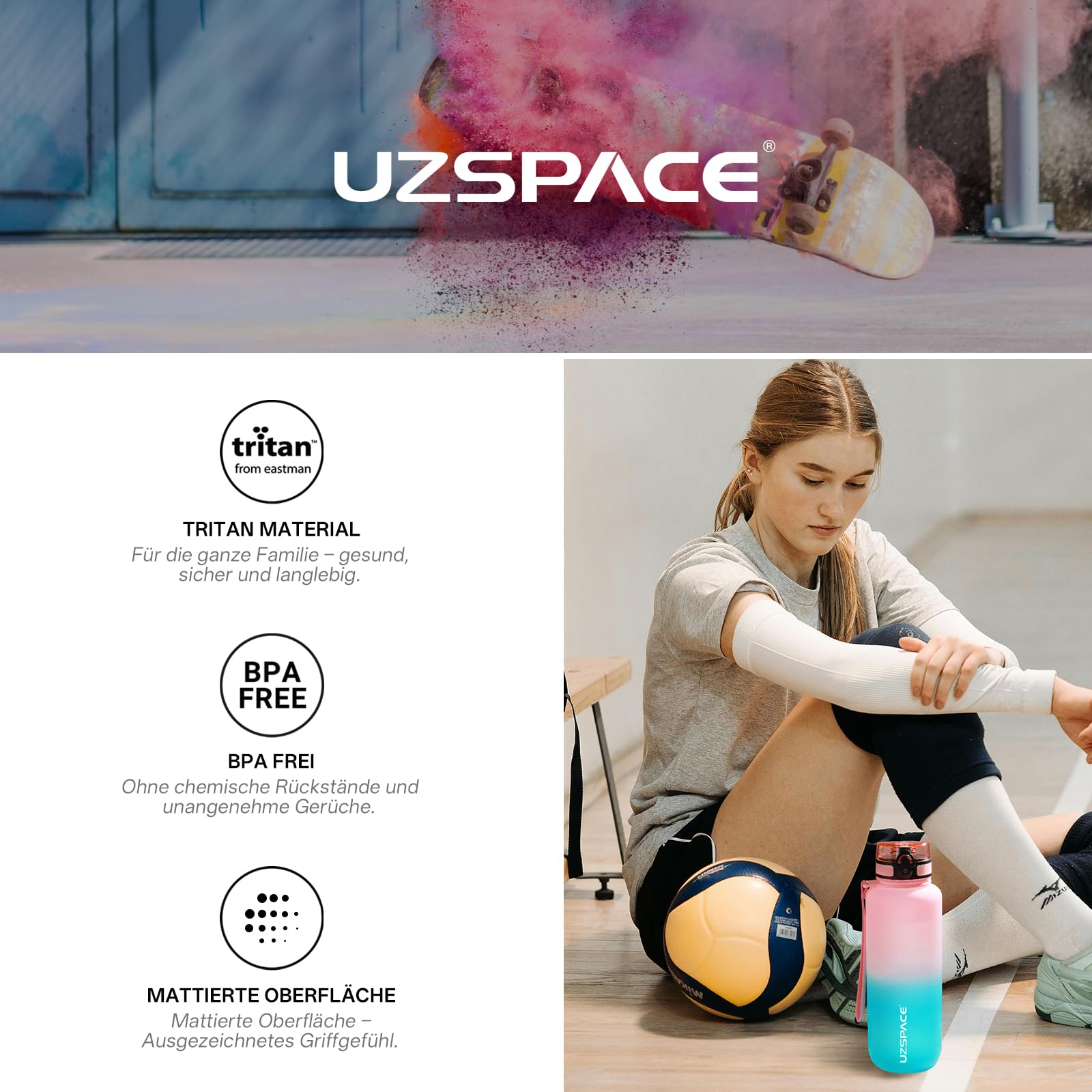 UZSPACE 1,5 L spor su şişesi, BPA içermez, büyük su şişesi 1500 ml, sızdırmaz su şişesi, spor, bisiklet ve açık hava etkinlikleri için