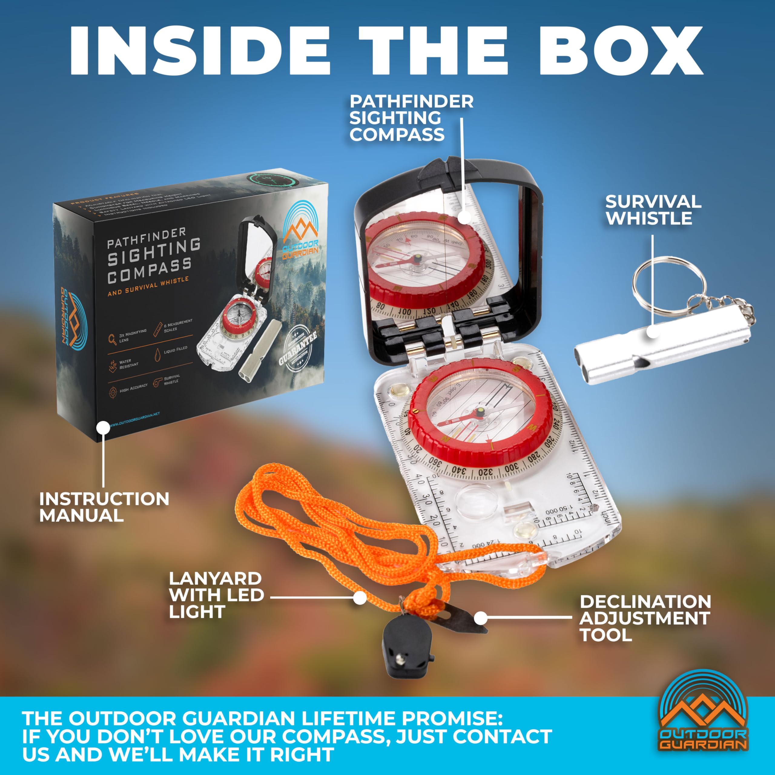 Outdoor Guardian Pathfinder Kamp ve Yürüyüş Pusulası - Kamp Aksesuarları, Klinometreli Oryantiring Pusulası, Ayarlanabilir Eğim ve LED, Hayatta Kalma Ekipmanları ve Ekipmanları, Kamp Hediyeleri