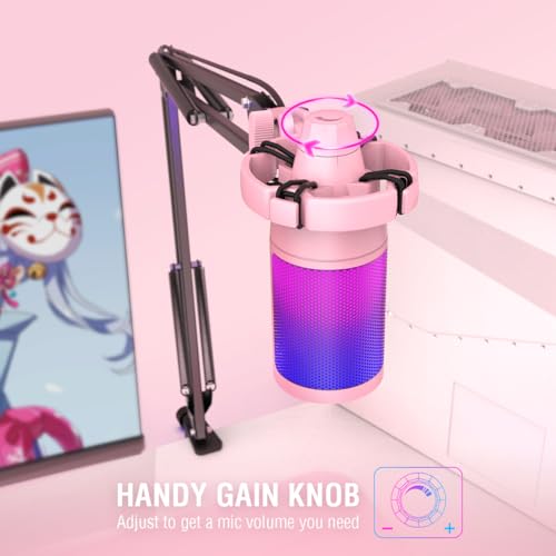 FIFINE Oyun USB Mikrofon Seti, PC Akış Kayıt Bilgisayarı RGB Mikrofon Seti, Podcasting, Şarkı Söyleme, YouTube, Kondenser Kardioid Mikrofon Hızlı Sessiz, Kazanç Düğmesi-A6T Pembe