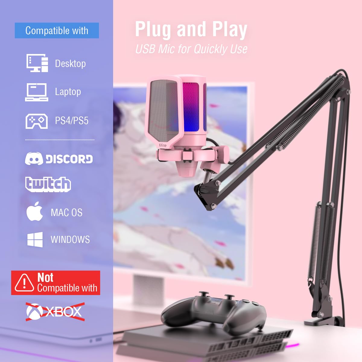 FIFINE Oyun USB Mikrofon Seti, PC Akış Kayıt Bilgisayarı RGB Mikrofon Seti, Podcasting, Şarkı Söyleme, YouTube, Kondenser Kardioid Mikrofon Hızlı Sessiz, Kazanç Düğmesi-A6T Pembe