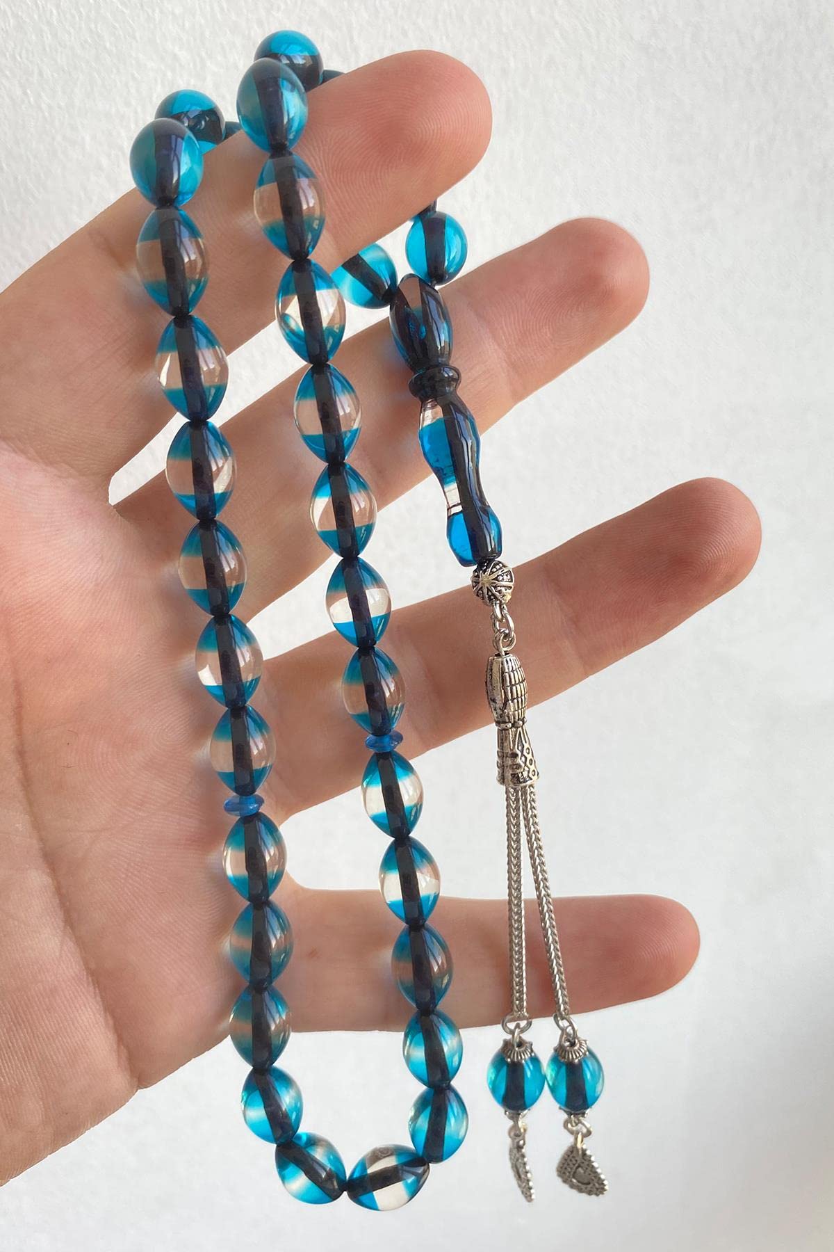 Beyisa Çift Renkli Parlament Mavisi Sürmeli Kehribar Tesbih Metal Püsküllü Misbah Misbaha Rosary Zikr