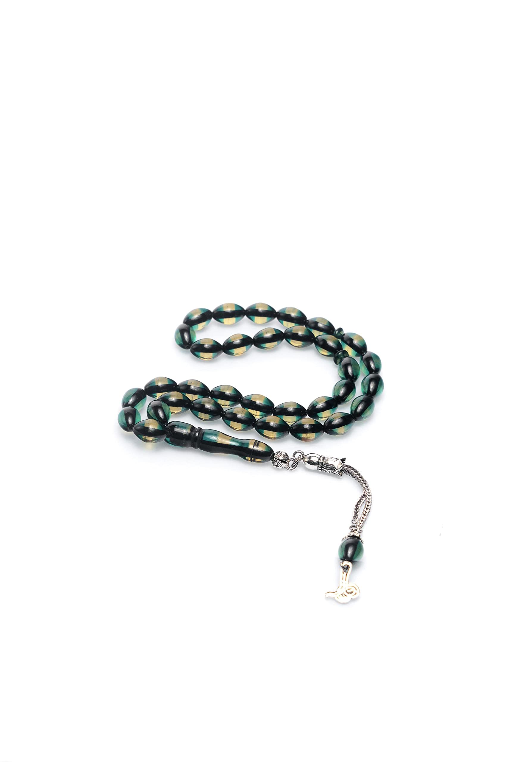 Beyisa Çift Renkli Yeşil Sarı Sürmeli Kehribar Tesbih Metal Püsküllü Misbah Misbaha Rosary Zikr