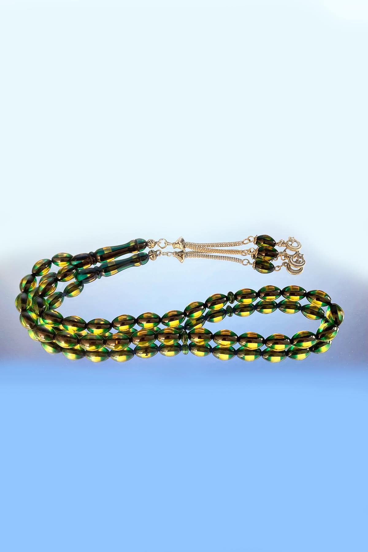 Beyisa Çift Renkli Yeşil Sarı Sürmeli Kehribar Tesbih Metal Püsküllü Misbah Misbaha Rosary Zikr