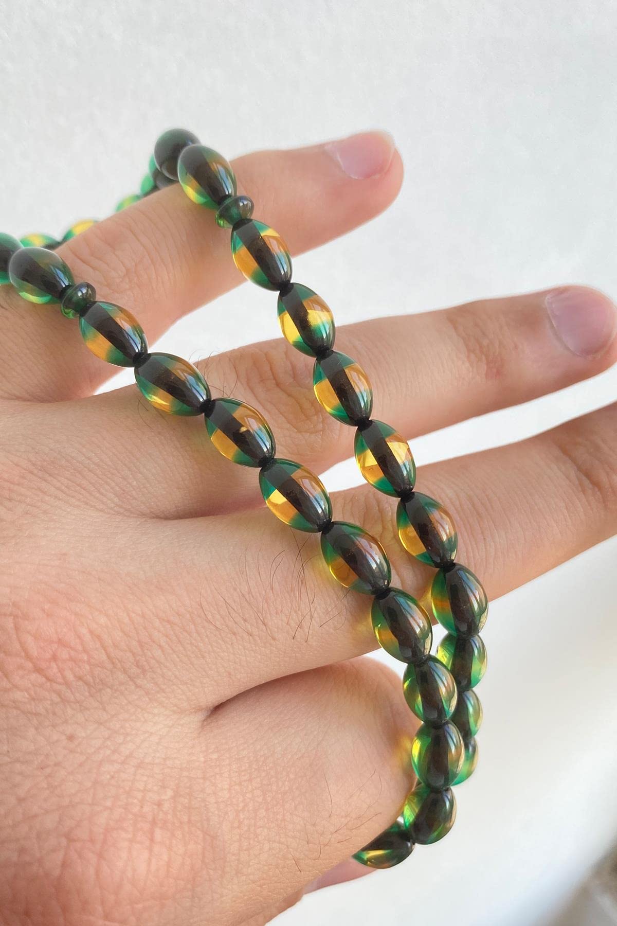 Beyisa Çift Renkli Yeşil Sarı Sürmeli Kehribar Tesbih Metal Püsküllü Misbah Misbaha Rosary Zikr