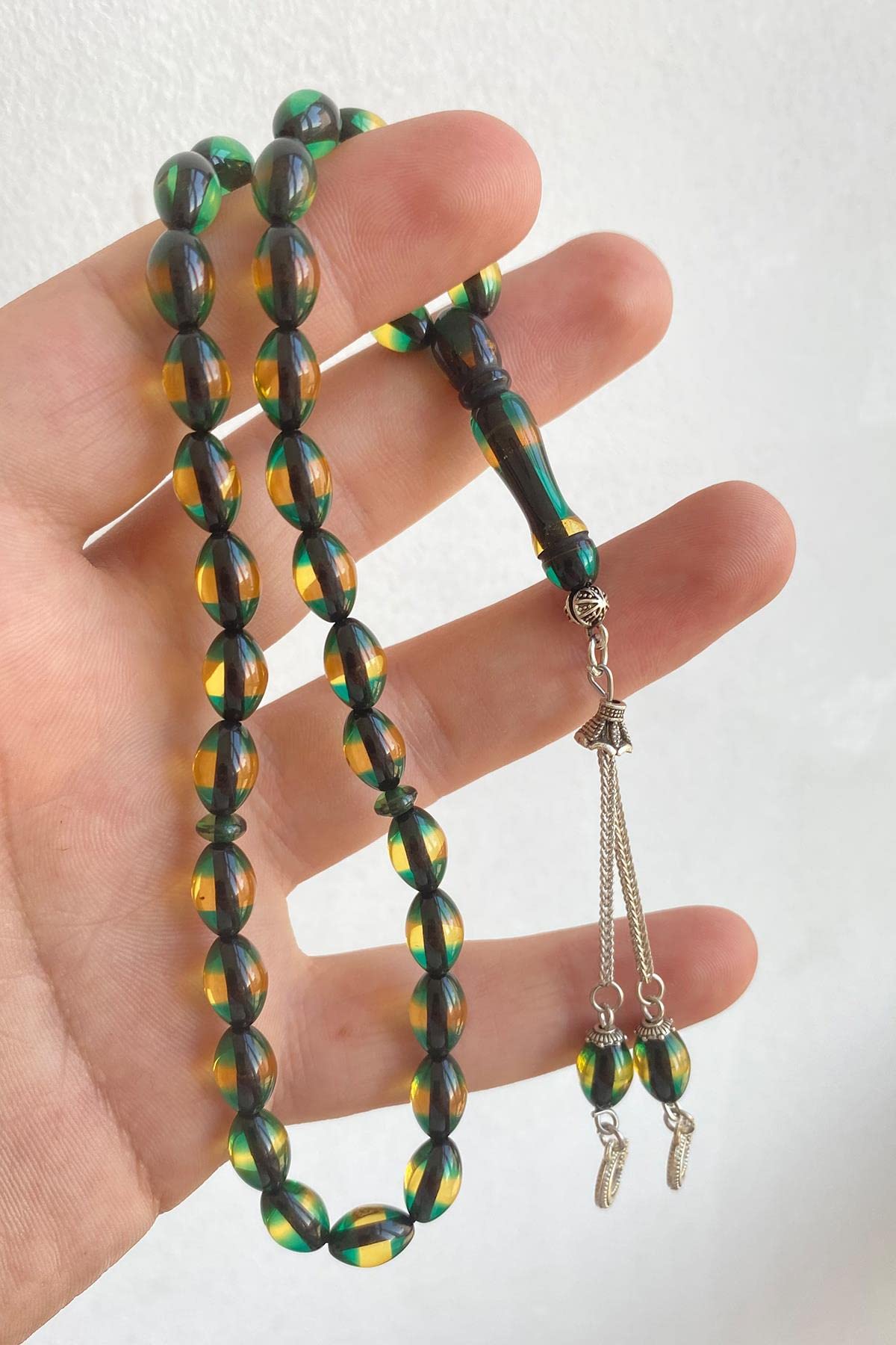 Beyisa Çift Renkli Yeşil Sarı Sürmeli Kehribar Tesbih Metal Püsküllü Misbah Misbaha Rosary Zikr