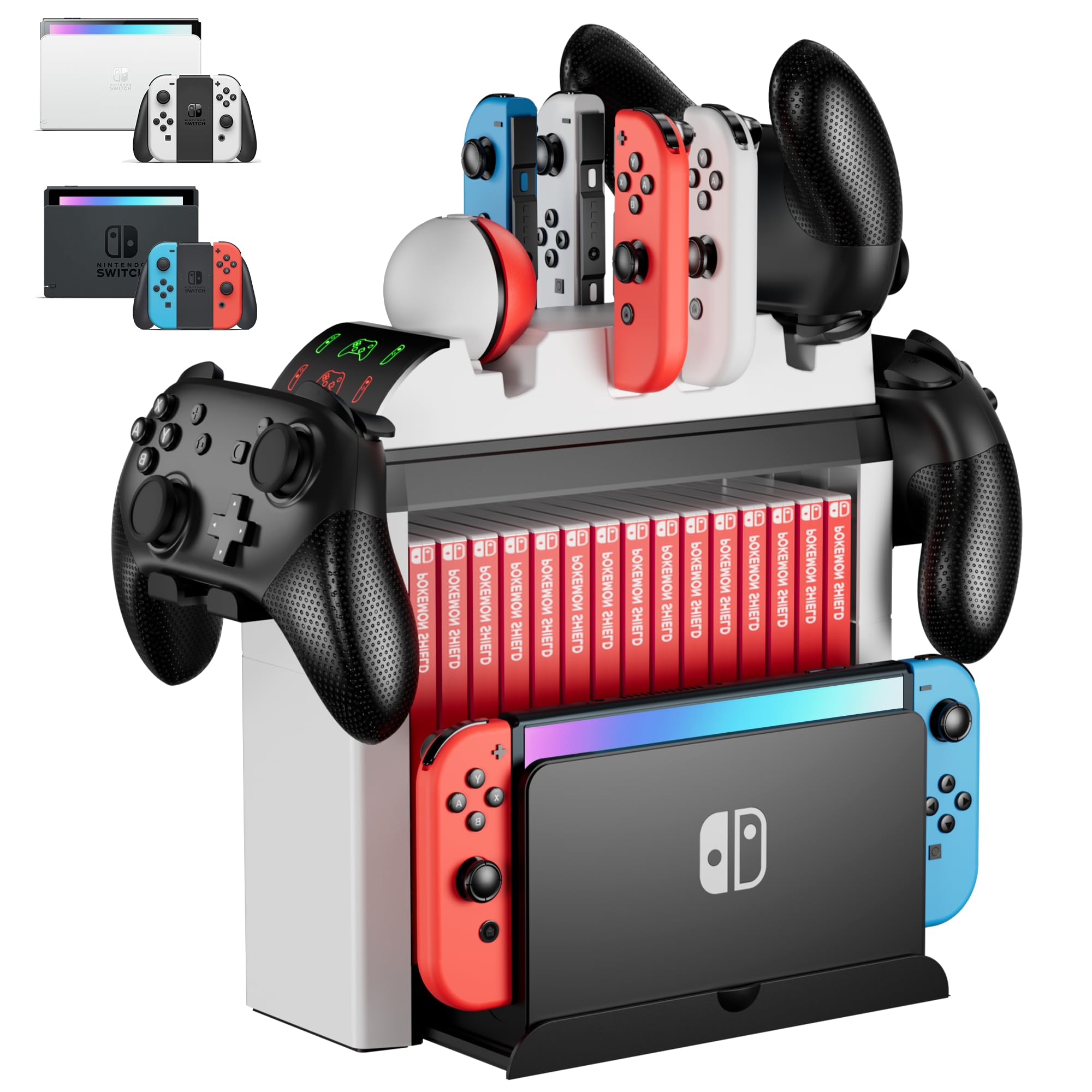 Nintendo Switch ve Switch OLED Joy Cons, Pro Controller ve Poke Ball Plus Controller için Anahtar Düzenleyici ve Şarj İstasyonu, ZAONOOL Anahtar Aksesuarları için Çok Fonksiyonlu Oyun Depolama Kulesi