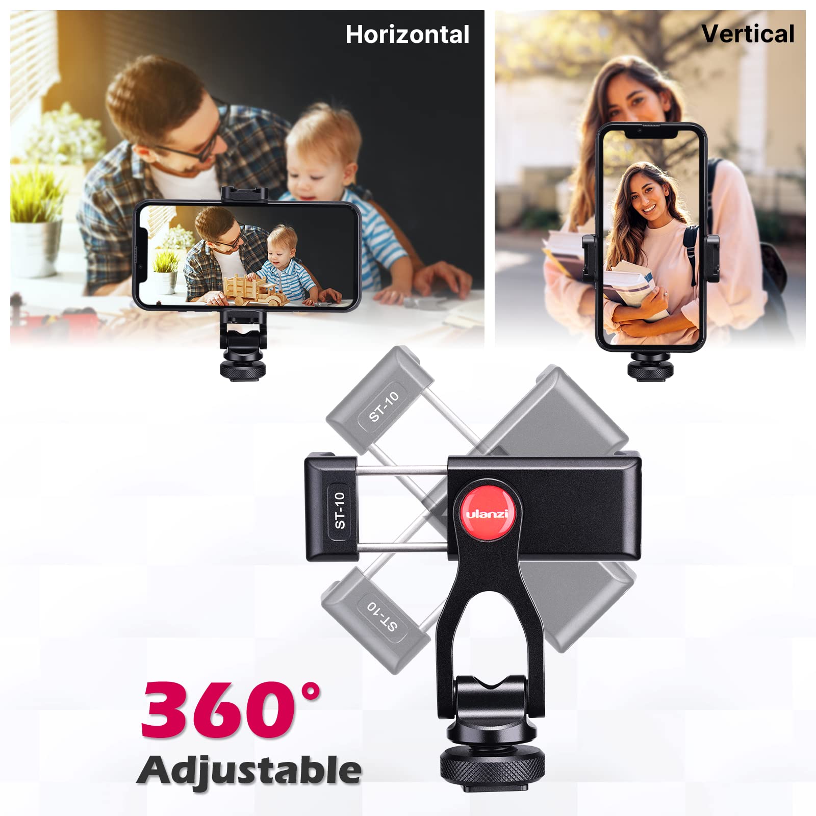 ULANZI Metal Telefon Tripod Montaj ST-10, Evrensel 360° Akıllı Telefon Adaptörü, 2 Soğuk Ayakkabı Montajlı, Ayarlanabilir Cep Telefonu Kelepçesi Standı Tutucu, iPhone, Samsung Galaxy ve Tüm