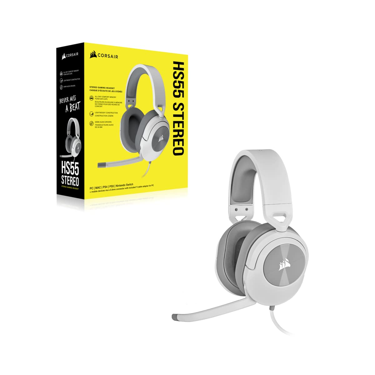 Corsair HS55 Stereo Oyuncu Kulaklığı, Discord Sertifikalı, PC/Xbox One/Xbox Series X ve S/PS5 ve PS4/Nintento Switch/Mobil Telefon Uyumlu, Beyaz (CA-9011261-EU)