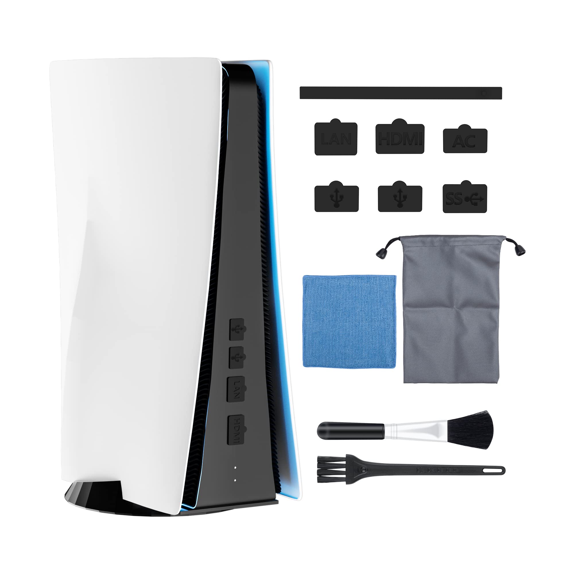RHOTALL PS5 Konsolu için Toz Tapası Seti, USB HDMI AC LAN Bağlantı Noktası Toz Koruyucu, PS5 için 7 Toz Tapası, 2 Fırça, 1 Bez ve 1 Aksesuar Saklama Çantası - Siyah