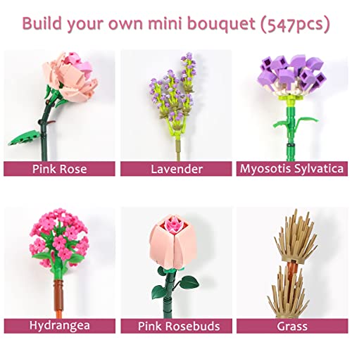 fun4kid Mini Bricks çiçek buketi yapı seti, yapay çiçek yapı taşları, ev dekorasyonu, 547 parça yaratıcı botanik koleksiyonu, 8-12 yaş arası kızlar için