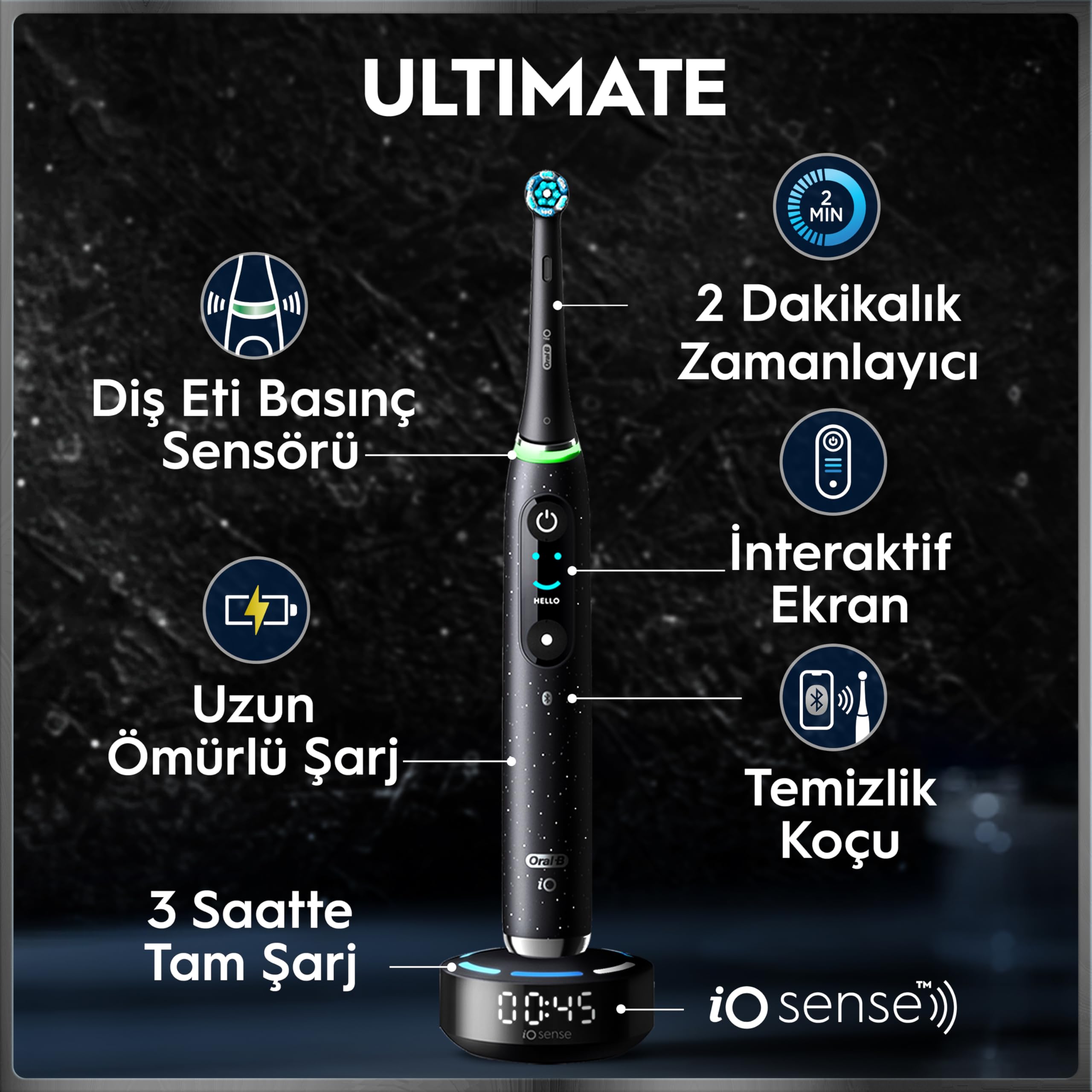 Oral-B iO10 Kozmik Siyah Şarjlı/Elektrikli Diş Fırçası, 1 Fırça Başlığı, Hızlı Manyetik Şarj Cihazı, Uzun Ömürlü Pil, Şarj Eden Seyahat Kabı