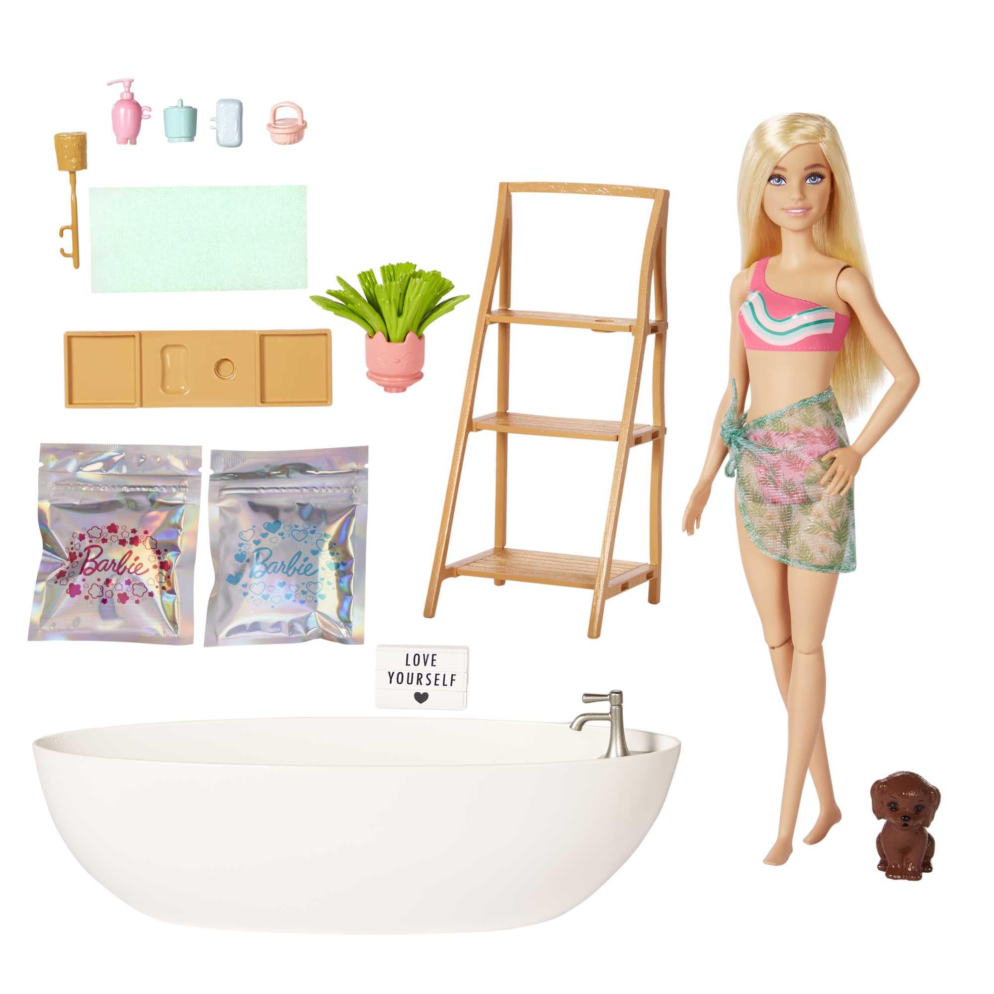 Barbie Wellness - Barbie'nin Spa Günü oyun seti, çocuklar için oyuncaklar, sarışın, renkli konfeti s