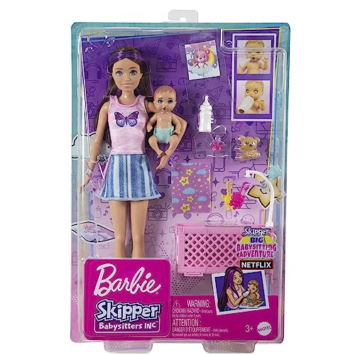 Barbie ve aksesuarları, Skipper bebek, uykulu bebek figürü ve beşikli oyun seti, mobilya ve temalı aksesuarlar, Bebek Bakıcısı, HJY33
