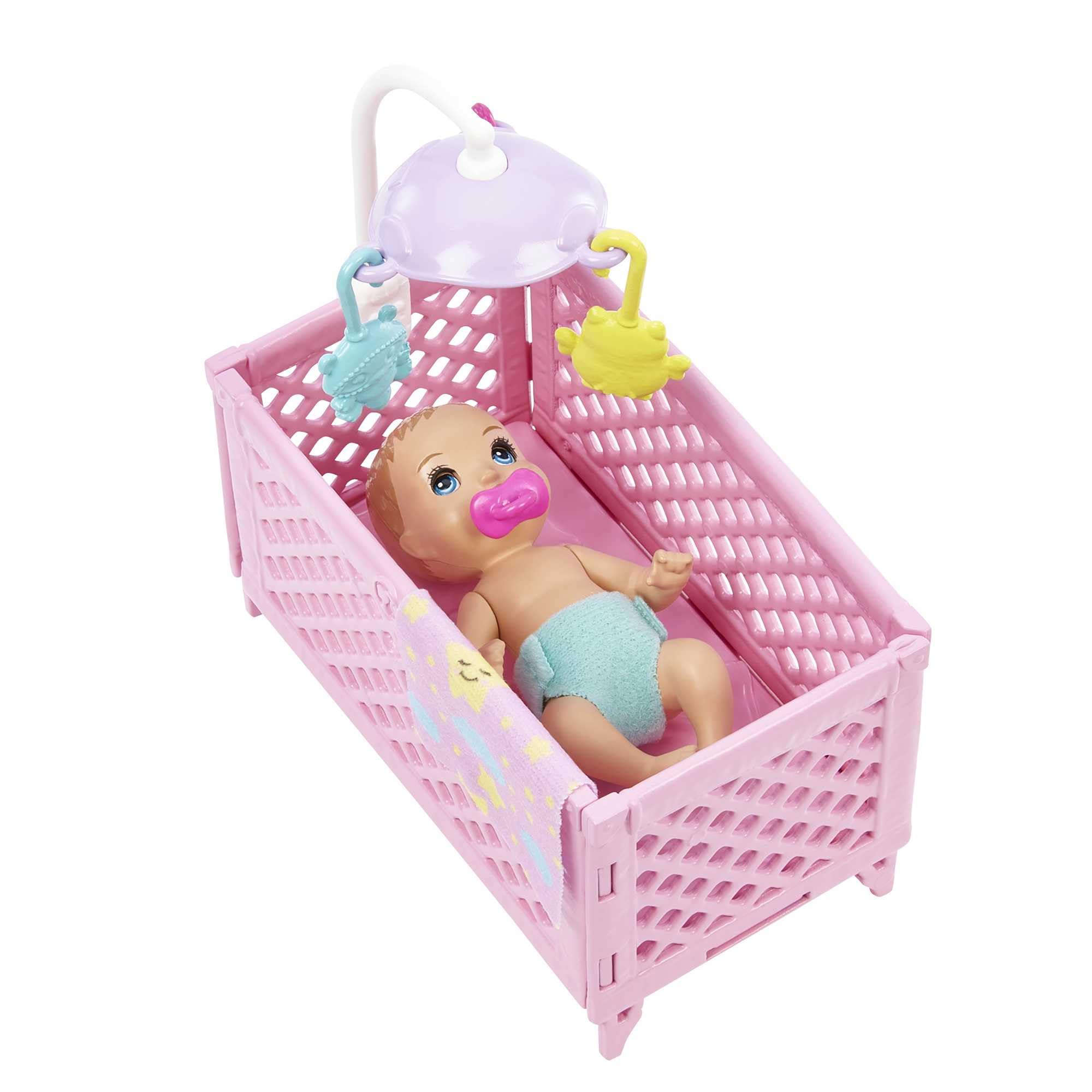 Barbie ve aksesuarları, Skipper bebek, uykulu bebek figürü ve beşikli oyun seti, mobilya ve temalı aksesuarlar, Bebek Bakıcısı, HJY33