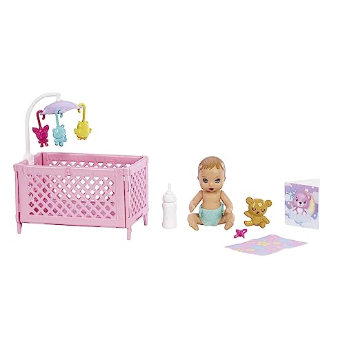 Barbie ve aksesuarları, Skipper bebek, uykulu bebek figürü ve beşikli oyun seti, mobilya ve temalı aksesuarlar, Bebek Bakıcısı, HJY33