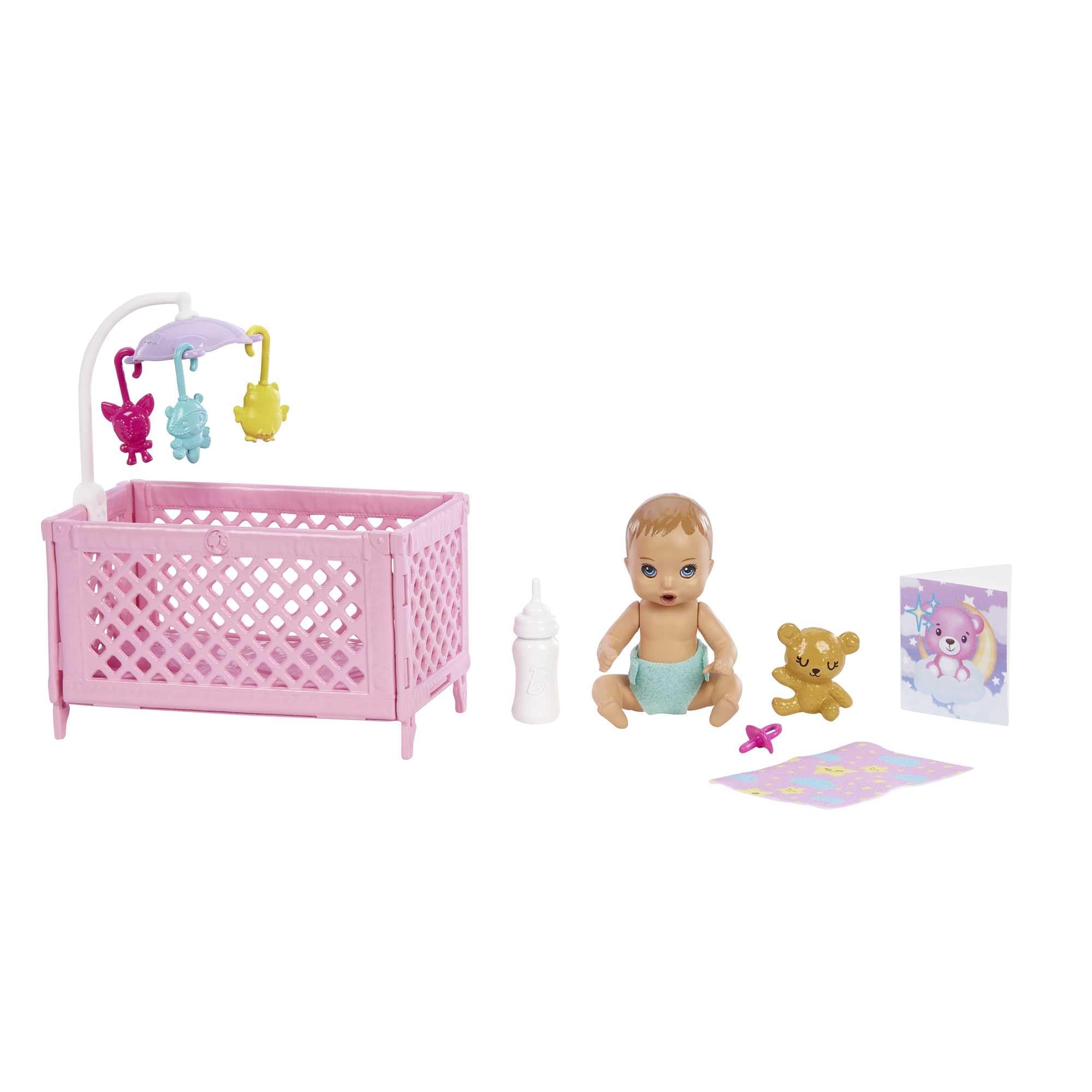 Barbie ve aksesuarları, Skipper bebek, uykulu bebek figürü ve beşikli oyun seti, mobilya ve temalı aksesuarlar, Bebek Bakıcısı, HJY33
