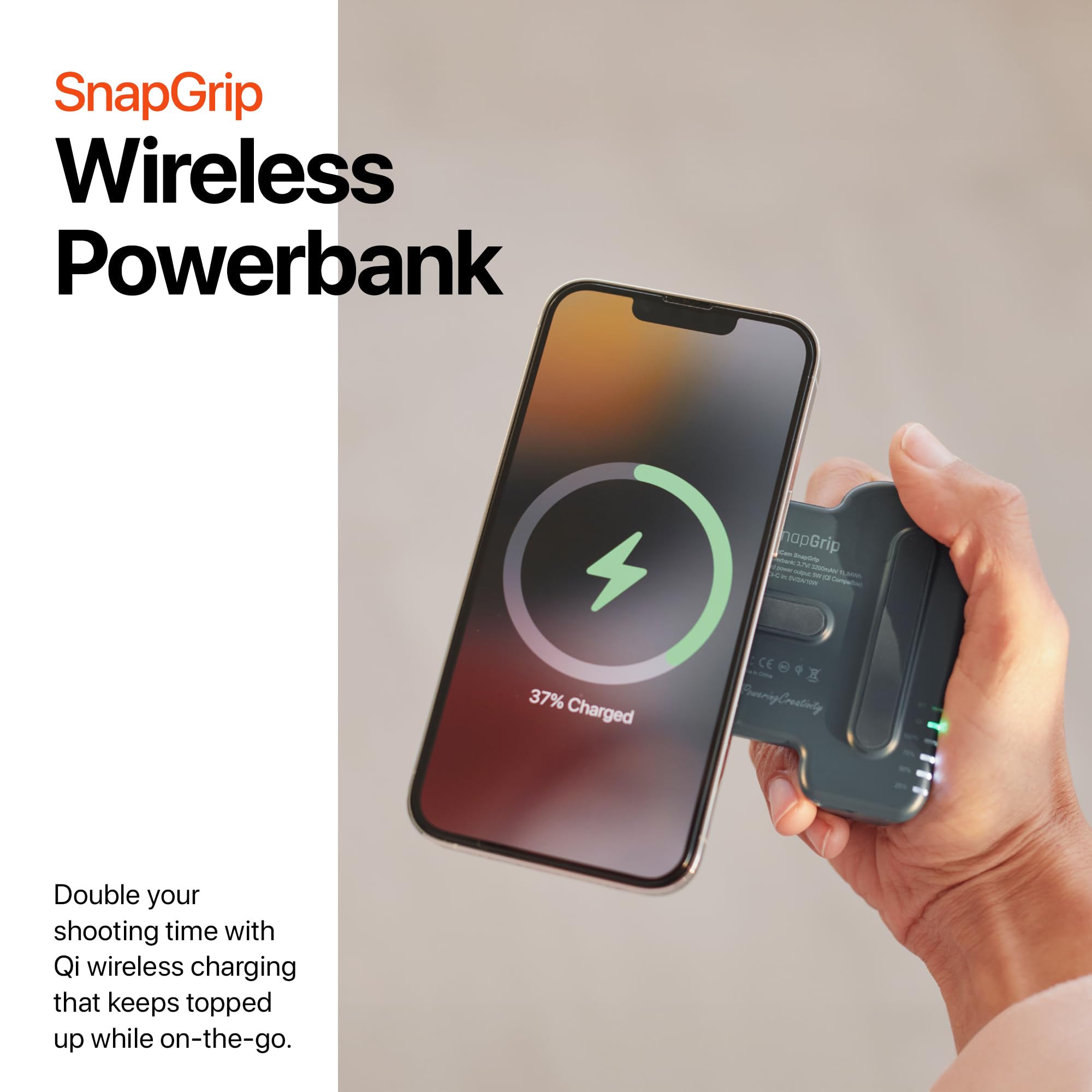 ShiftCam SnapGrip kablosuz deklanşör düğmeli mobil güç kolu - manyetik tutucu her telefona sabitlenir - Qi kablosuz şarjlı entegre Powerbank (siyah