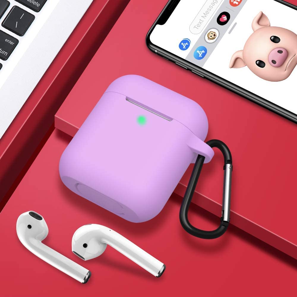 URUCHI AirPods 1/2. Nesil ile Uyumlu İnce ve Hafif Silikon Kılıf, Yumuşak Esnek Tasarım, Anahtarlıklı, Kablolu ve Kablosuz Şarj Uyumlu, Günlük Kullanım Aksesuarı – Lila (A1523 A1722 A1602 A2031 A2032)
