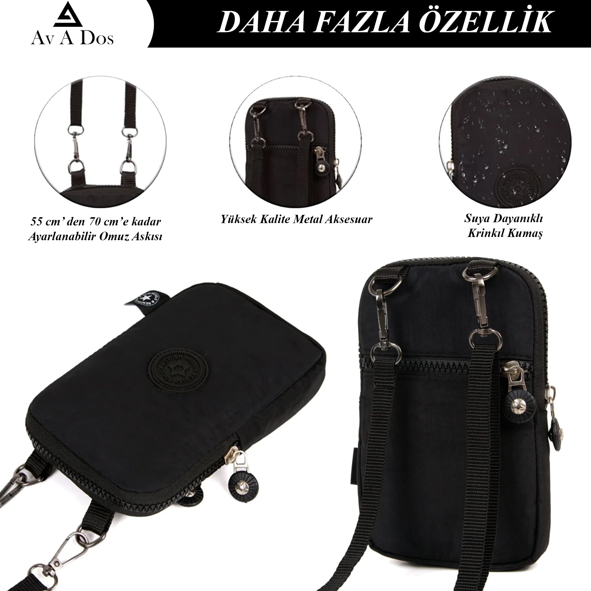 Av A Dos Telefon Çantası, Çapraz Askılı Mini Çanta, Kadın Siyah Su Geçirmez Krinkıl Mini Telefon Cüzdan Çapraz Askılı Çapraz Omuz Çanta Bel