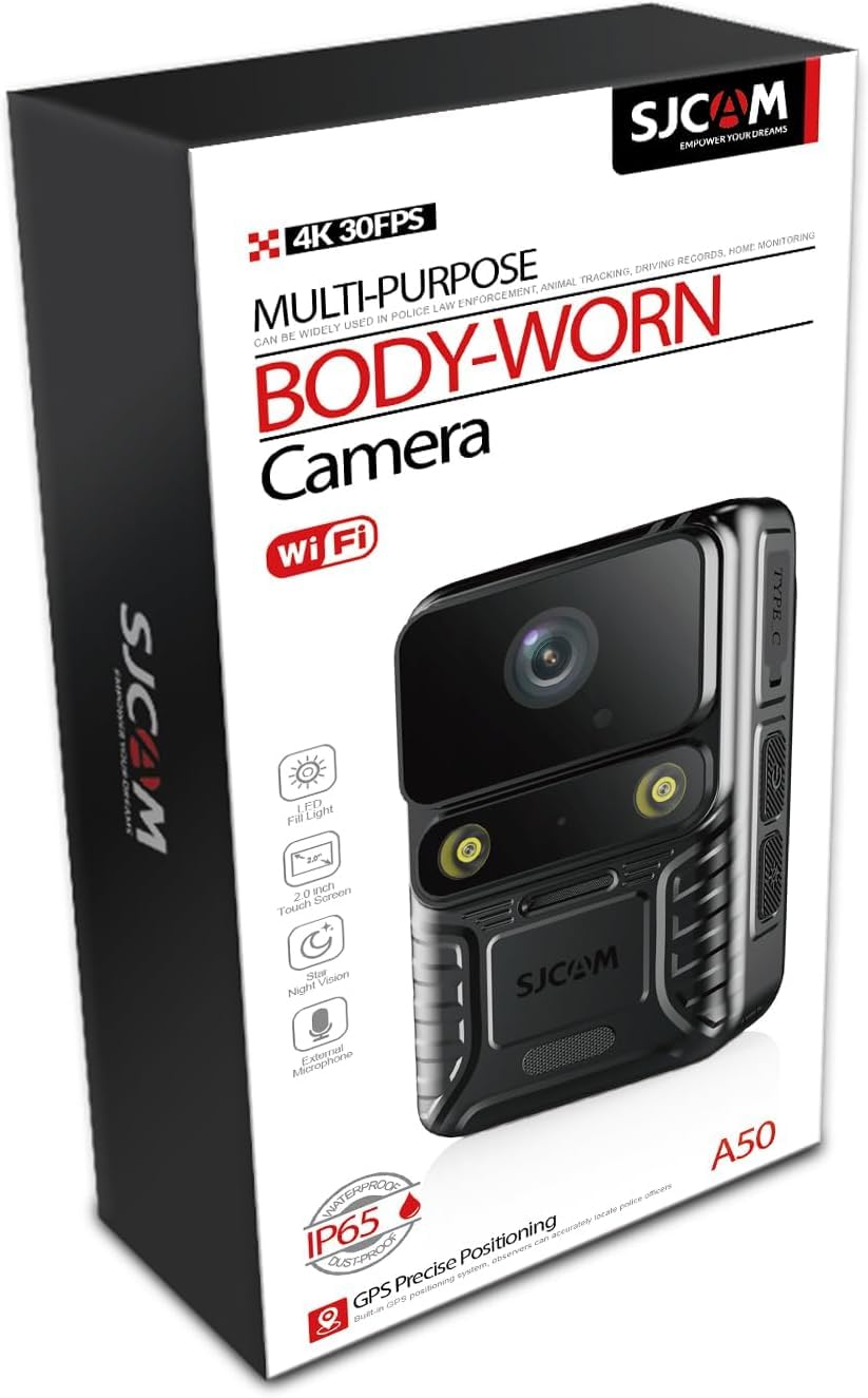 SJCAM A50 GPS Ultra Gece Görüşü H.265 Vücut Kamerası Güvenlik Polis Ekipmanı IP65 4K UHD Video 2” Dokunmatik Ekran 2250mAh Batarya 20MP Siyah