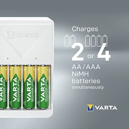 VARTA Akü şarj cihazı, 4 x AA 2100 mAh dahil, şarj edilebilir piller için pil şarj cihazı, aynı anda 2 veya 4 AA/AAA şarj eder, tak şarj cihazı, beyaz