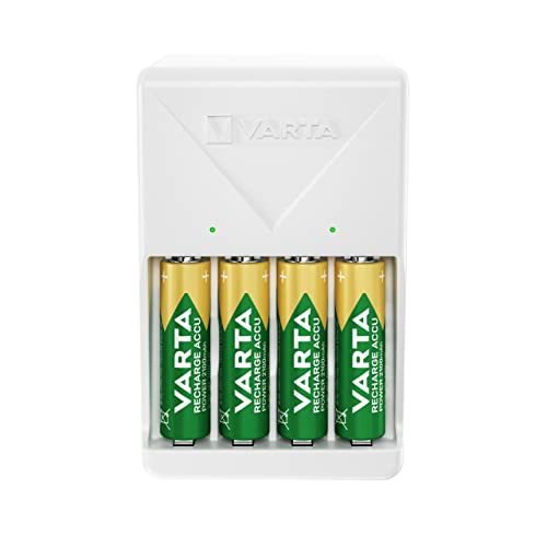 VARTA Akü şarj cihazı, 4 x AA 2100 mAh dahil, şarj edilebilir piller için pil şarj cihazı, aynı anda 2 veya 4 AA/AAA şarj eder, tak şarj cihazı, beyaz
