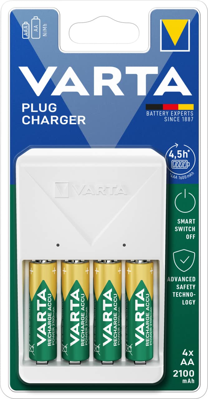 VARTA Akü şarj cihazı, 4 x AA 2100 mAh dahil, şarj edilebilir piller için pil şarj cihazı, aynı anda 2 veya 4 AA/AAA şarj eder, tak şarj cihazı, beyaz