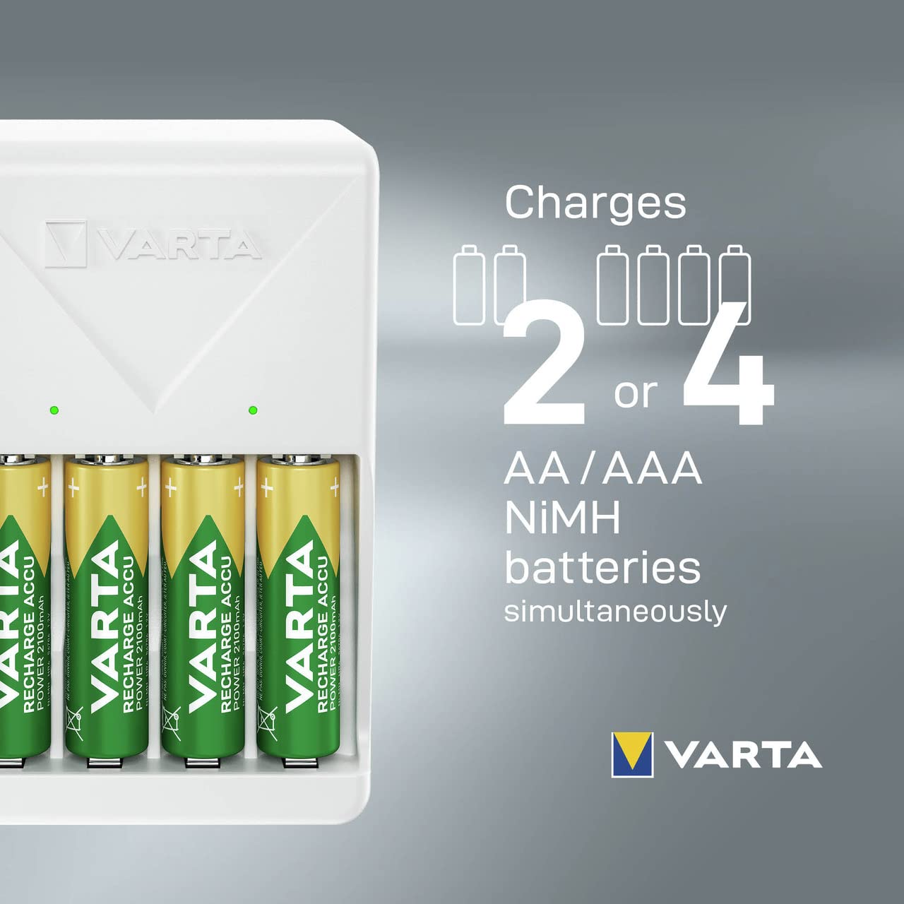 VARTA Akü şarj cihazı, 4 x AA 2100 mAh dahil, şarj edilebilir piller için pil şarj cihazı, aynı anda 2 veya 4 AA/AAA şarj eder, tak şarj cihazı, beyaz