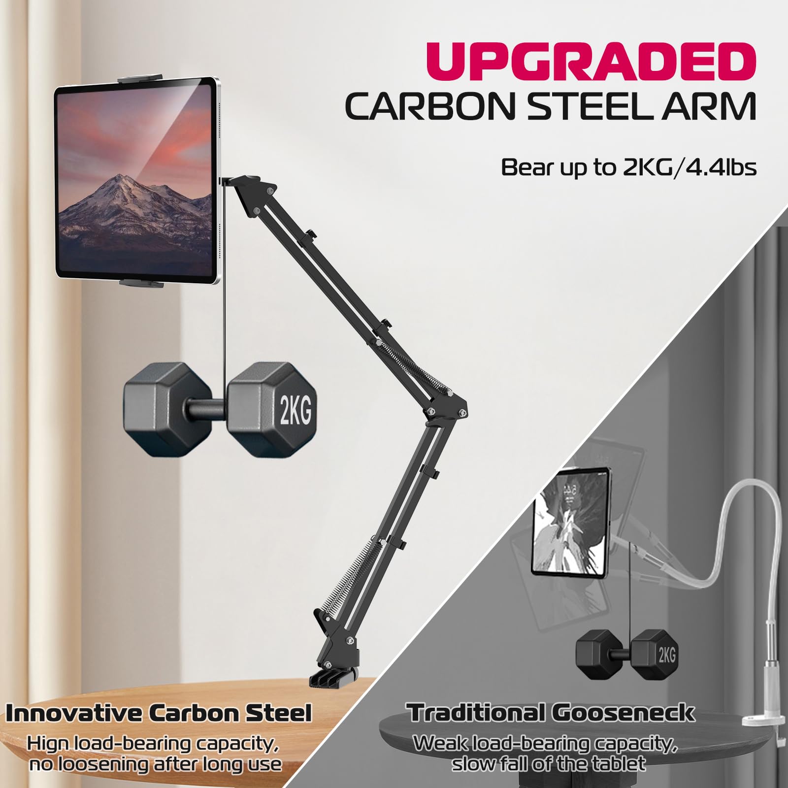 ULANZI Masa için T2 Ayarlanabilir Tablet Tutucu, Yatak için Karbon Çelik Tablet Telefon Standı, Esnek Tablet Kol Kelepçesi iPhone 15 Pro iPad Kindle Galaxy Tab 4.6-12.9 İnç Cihazlarla Uyumlu