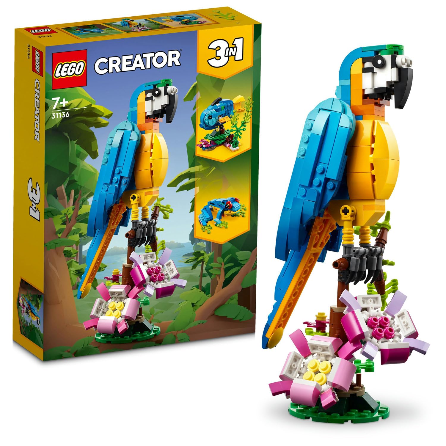 LEGO Creator Egzotik Papağan 31136-7 Yaş ve Üzeri Çocuklar İçin Papağan, Balık ve Kurbağa Modelleri