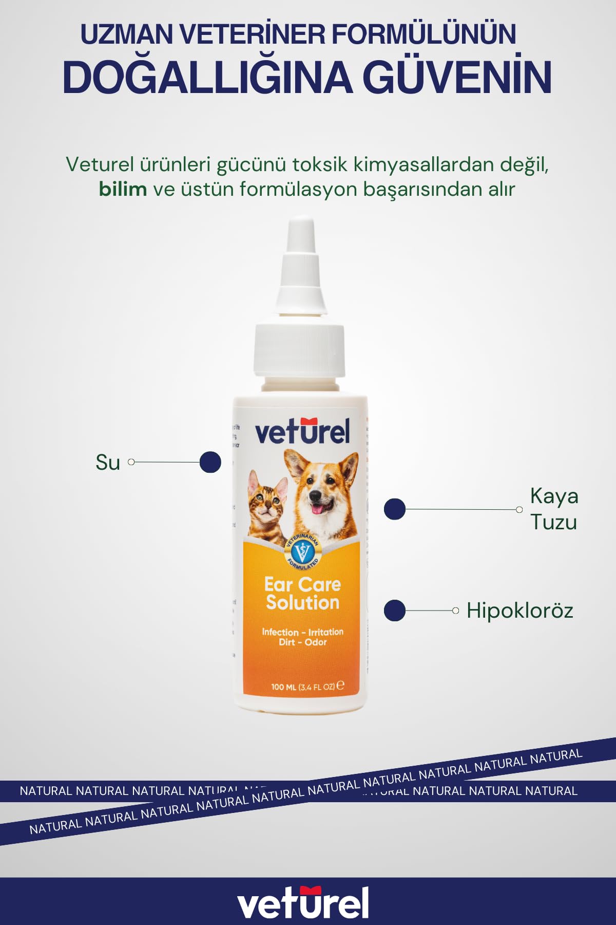 Veturel Kedi Kulak Temizleme Solüsyonu Kir Enfeksiyon Kaşıntı Köpek Kulak Uyuzu Koku Önleyici Bakım 100ml