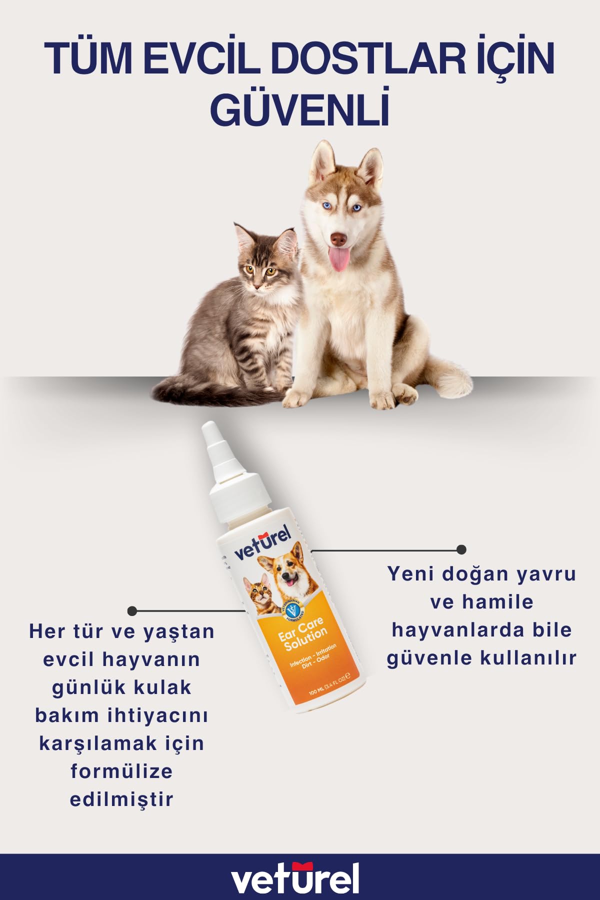 Veturel Kedi Kulak Temizleme Solüsyonu Kir Enfeksiyon Kaşıntı Köpek Kulak Uyuzu Koku Önleyici Bakım 100ml