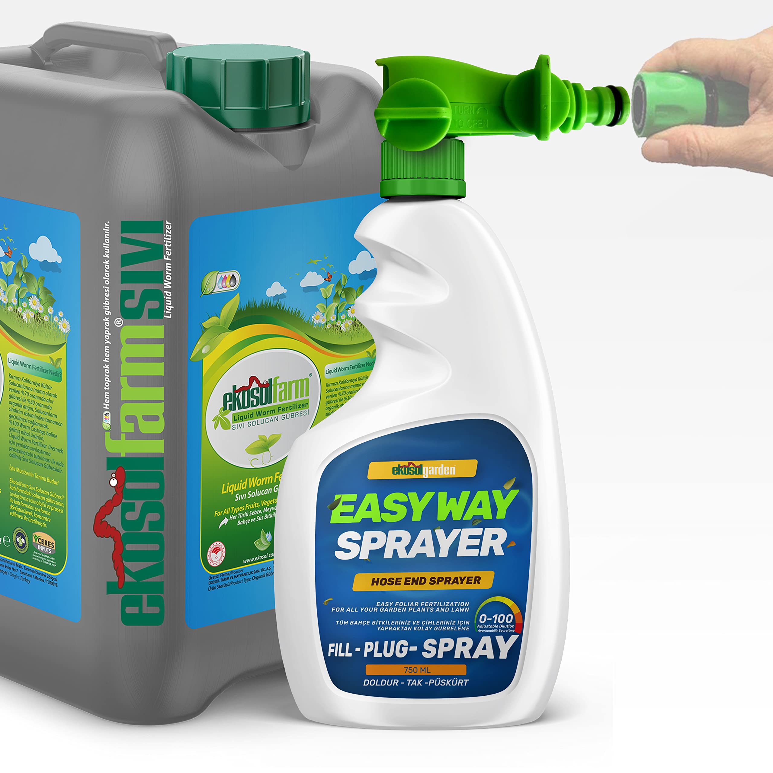 EkosolFarm EkosolFarm Sıvı Solucan Gübresi 10 Lt + EasyWay Hortum Ucu Sprayer EWB Çim ve Tüm Bahçe Bitkilerine Uygun Sıvı Gübre