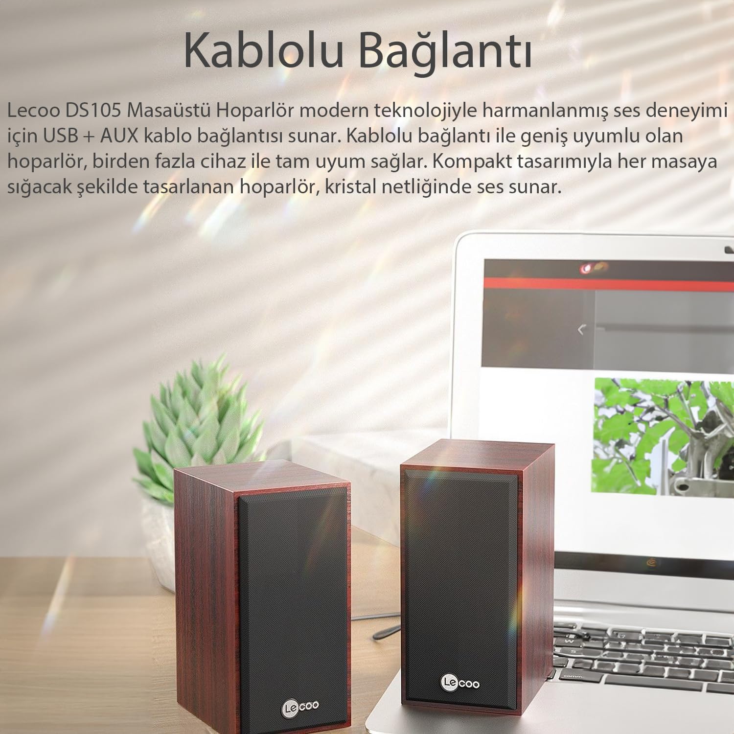 Lecoo DS105 Kablolu 1+1 USB + 3.5mm Jack Girişli 5W Gelişmiş Net Ses Teknolojisi ve Tak Çalıştır Kolay Kurulum Stereo Surround Ses Soundbar 634g Kompakt Masaüstü Kırmızı Ahşap Hoparlör
