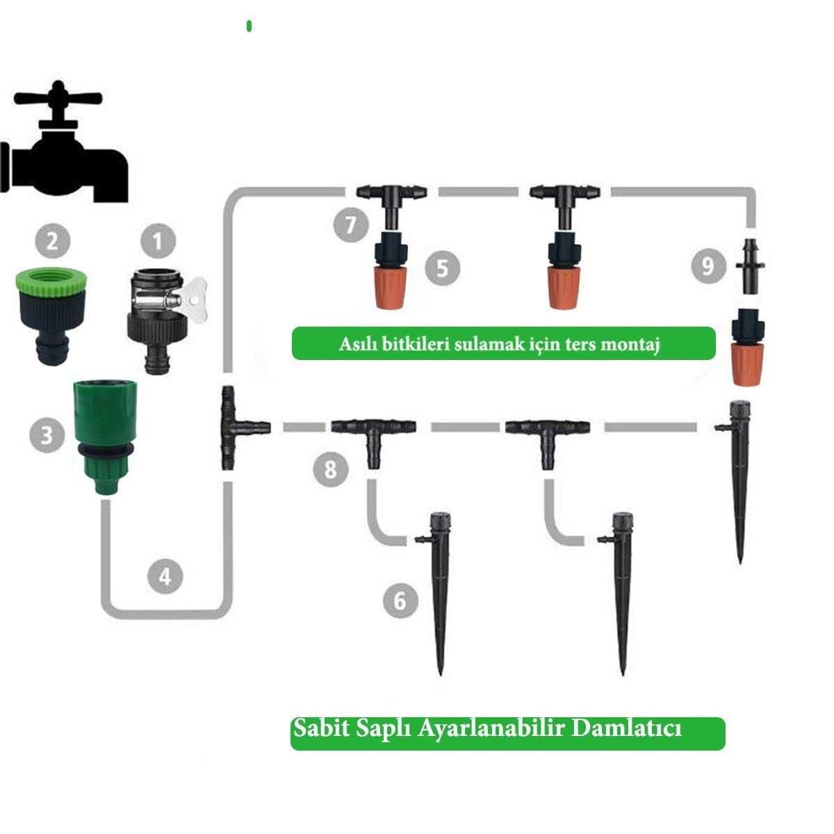 BUFFER® 15 Metre Bahçe Dekorasyon Damlama Çim Sulama Sistemi Seti Hortum ve Ek Parçaları